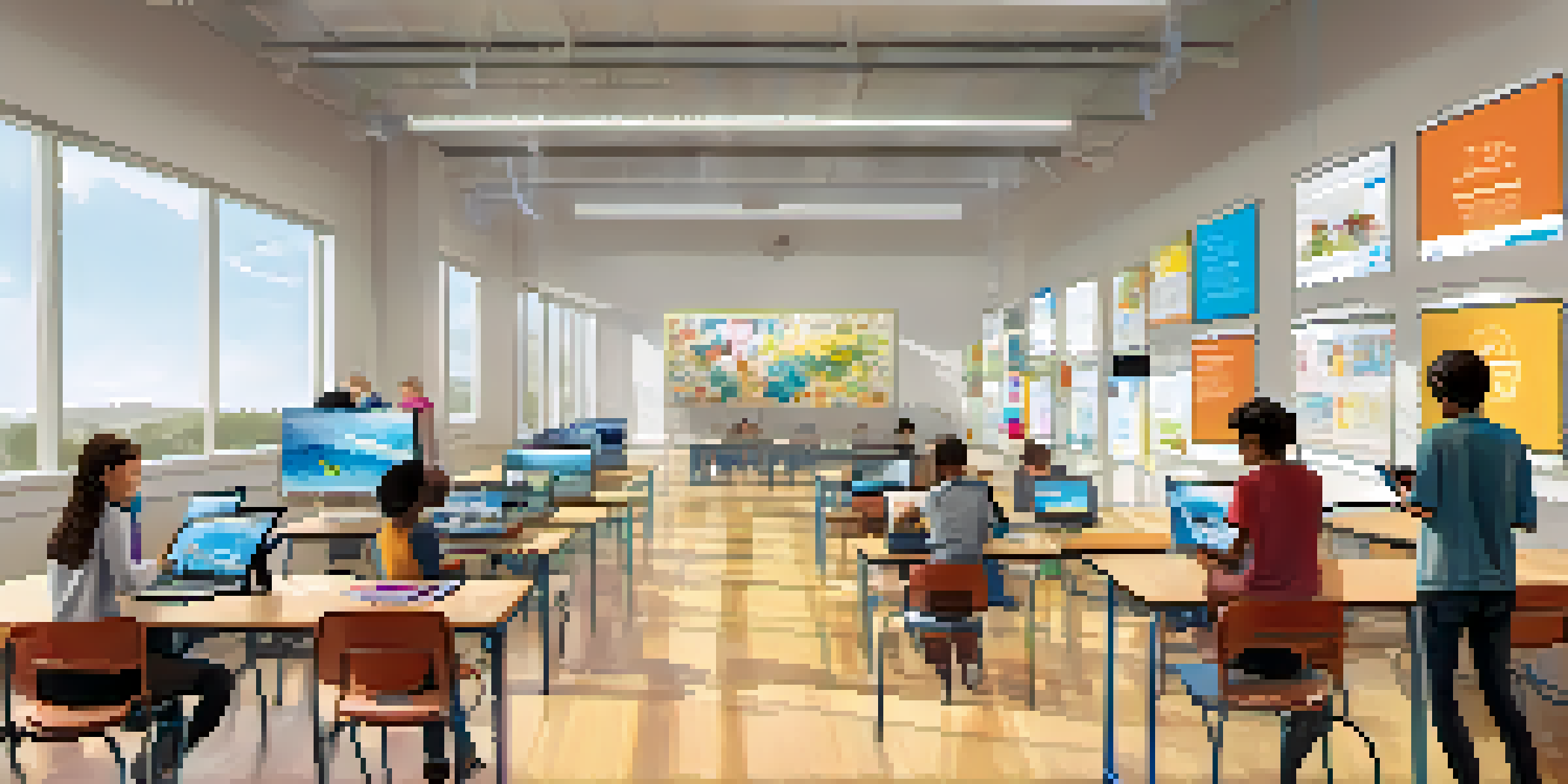 A modern classroom where students are using mobile devices and augmented reality for personalized learning, with bright windows and educational decor.