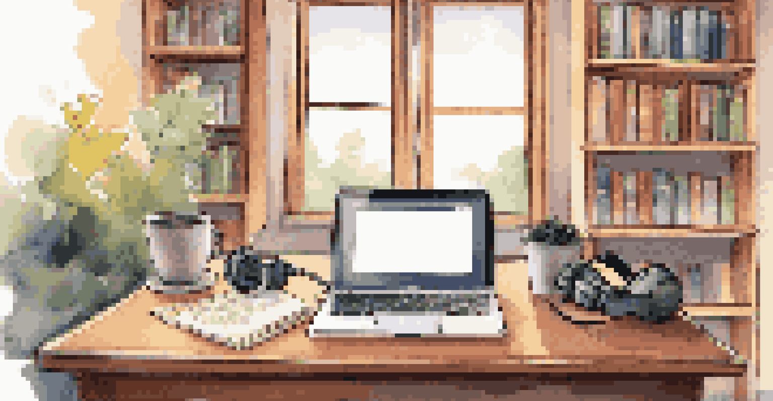 A workspace for podcast creation with a microphone, headphones, and a laptop, surrounded by books and warm lighting.