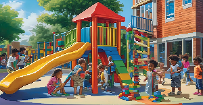 A group of diverse young children working together to build a tower with blocks in a colorful playground.