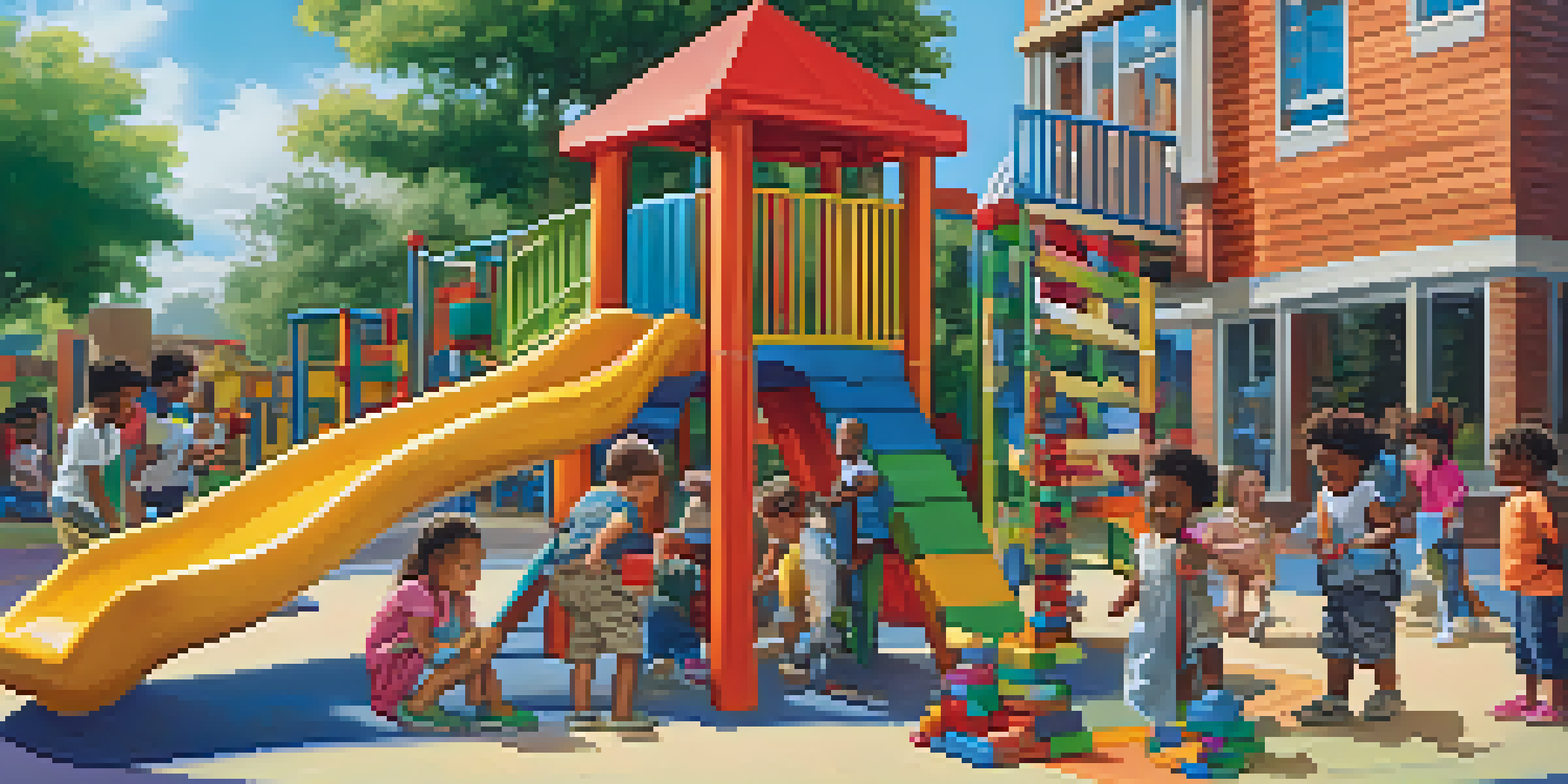 A group of diverse young children working together to build a tower with blocks in a colorful playground.