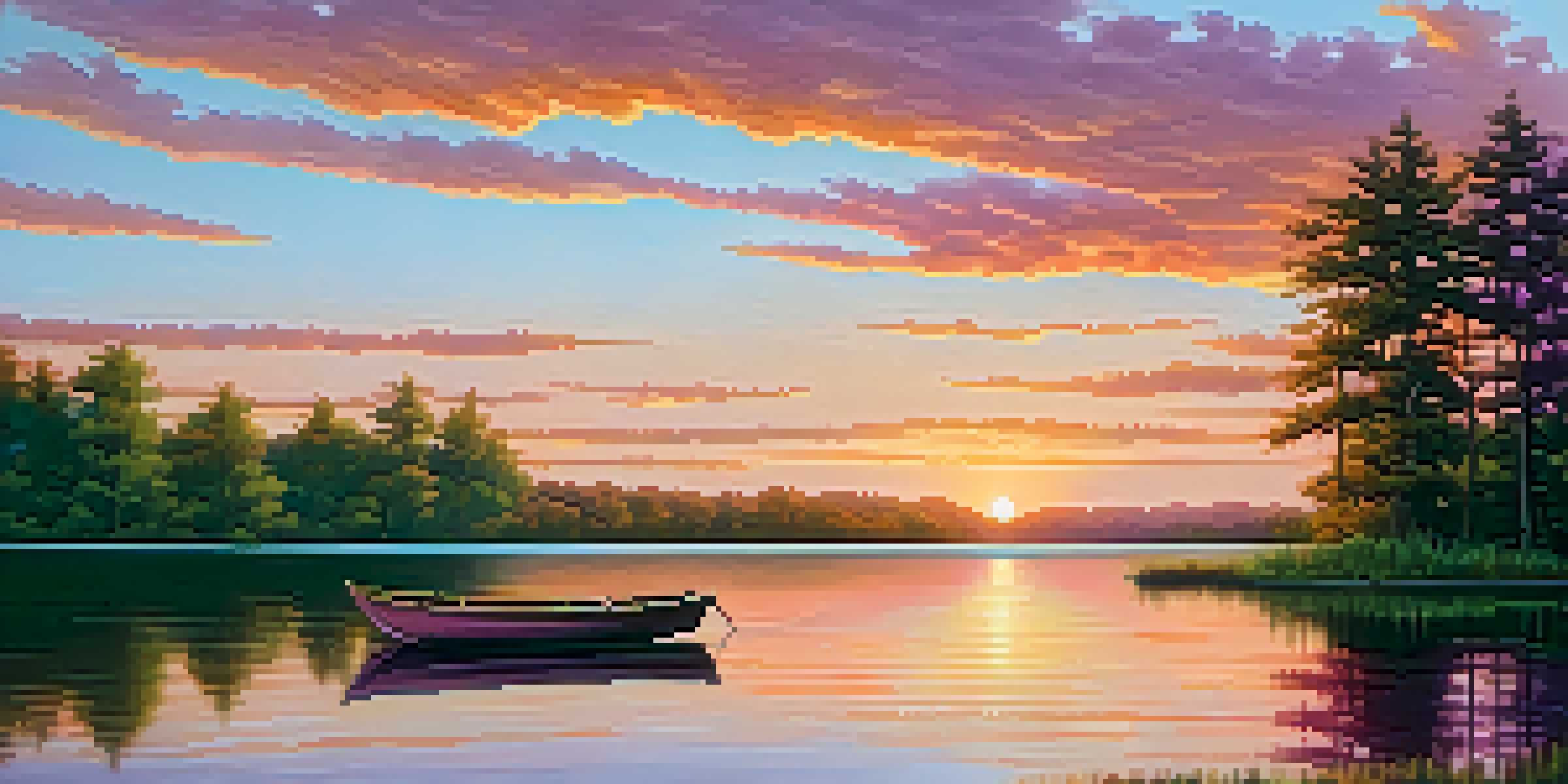 A picturesque sunset over a calm lake with vibrant colors reflected on the water, surrounded by green trees and a small wooden boat.