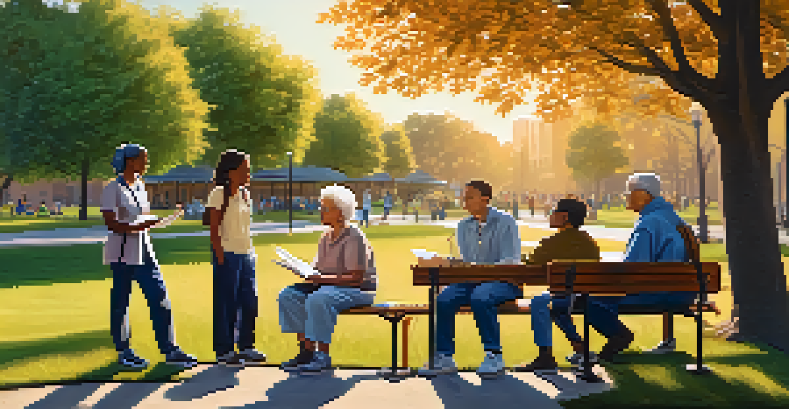Students interviewing a community member in a park, with trees and benches in the background, illuminated by warm sunlight.