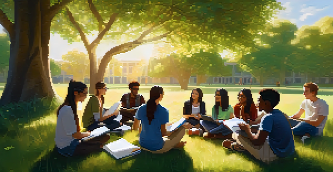 A diverse group of students sitting in a circle on a grassy field, sharing ideas and collaborating. Sunlight filters through trees, creating a warm atmosphere.