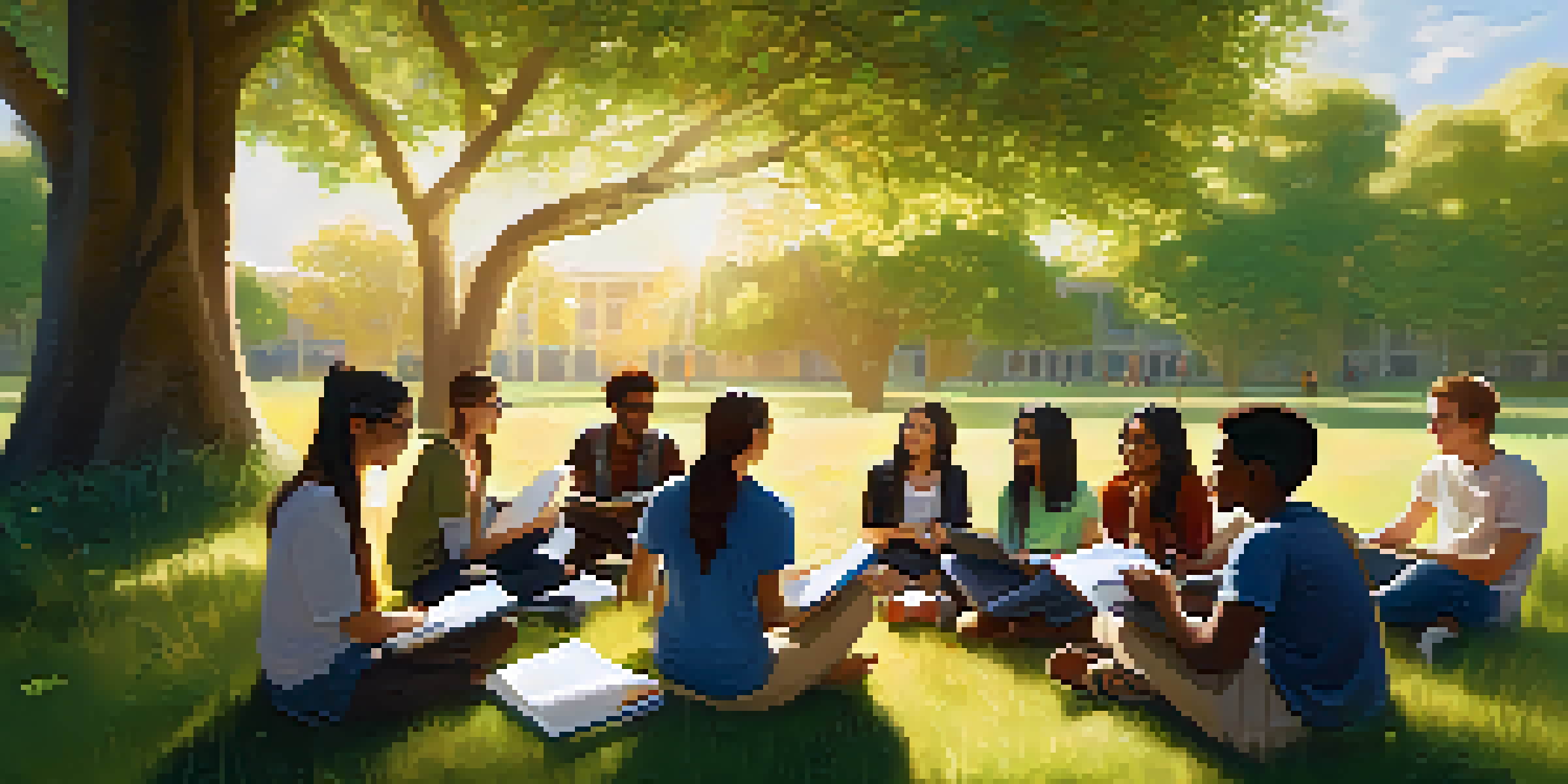 A diverse group of students sitting in a circle on a grassy field, sharing ideas and collaborating. Sunlight filters through trees, creating a warm atmosphere.