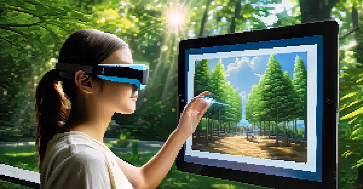 A student using augmented reality technology outdoors, interacting with virtual educational content in a serene setting.