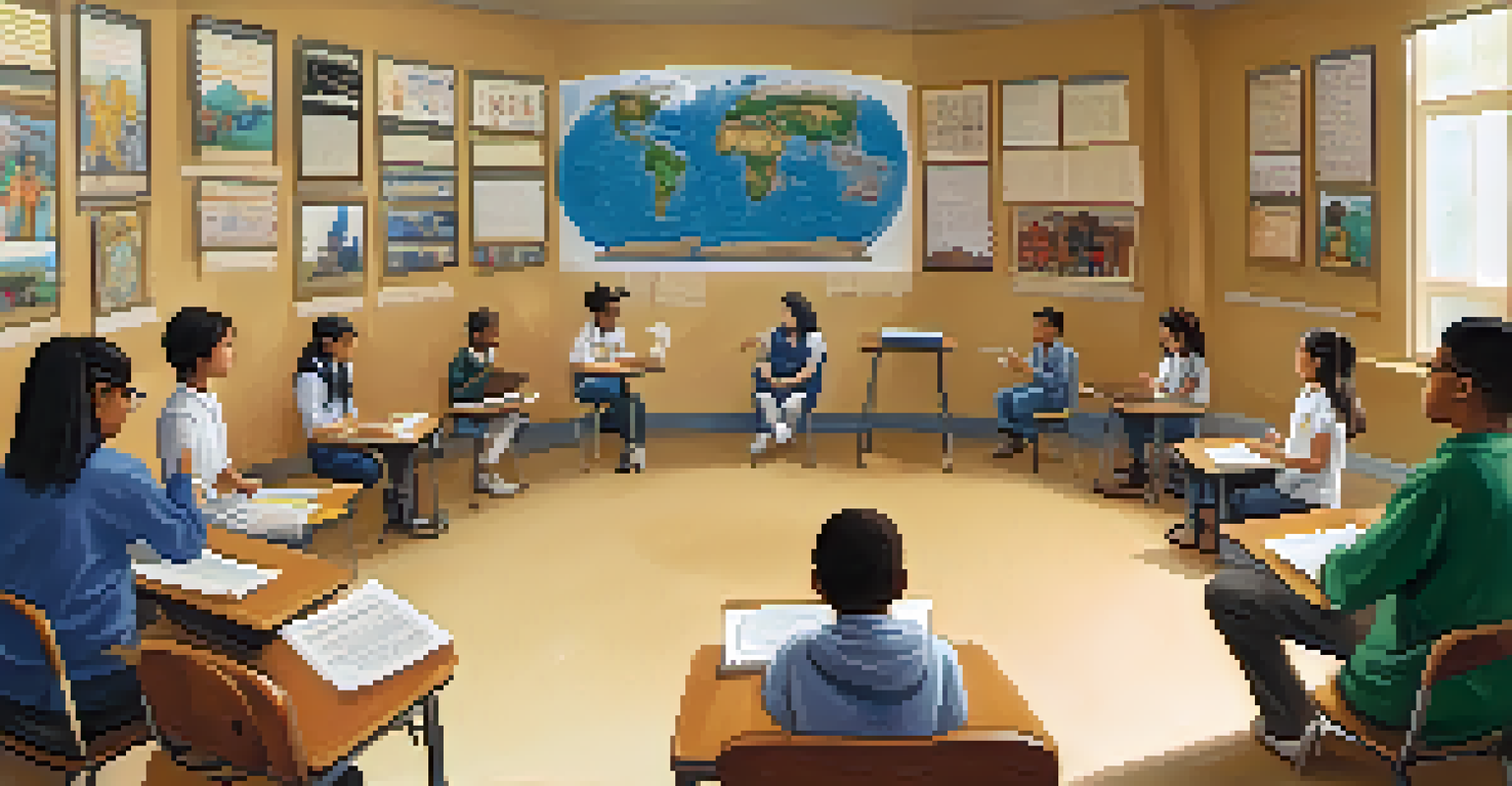 A teacher leading a discussion in a welcoming classroom with cultural posters, as students share their perspectives on science.