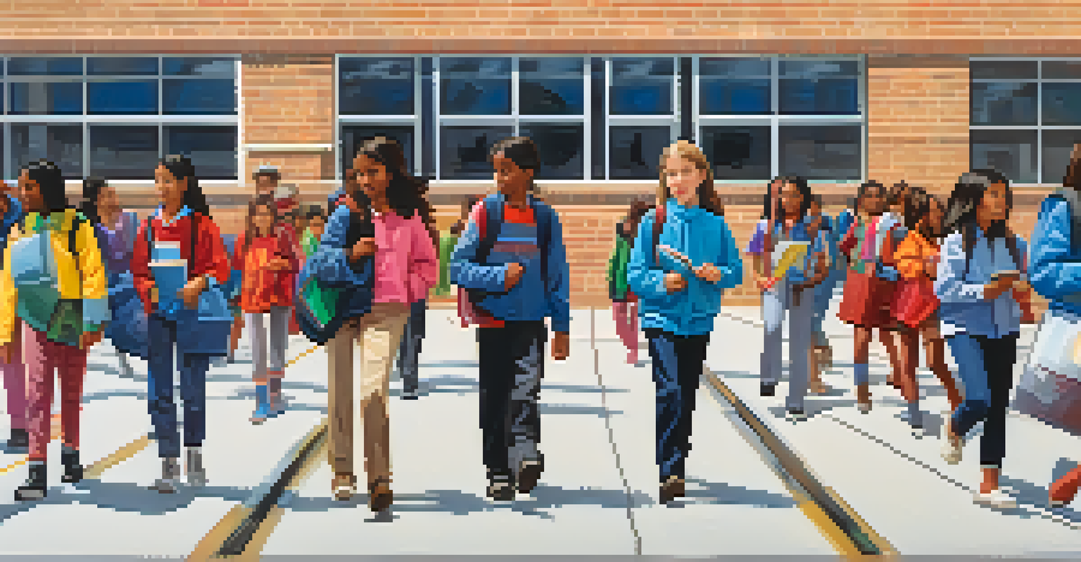 Students participating in a fire drill, walking away from a school building under a clear blue sky.