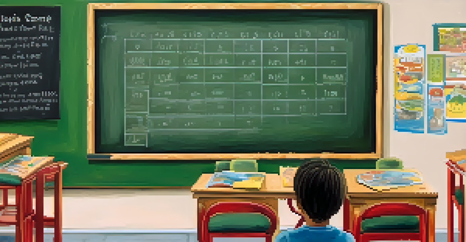 A chalkboard displaying the '5-4-3-2-1' grounding technique in a cozy classroom setting.