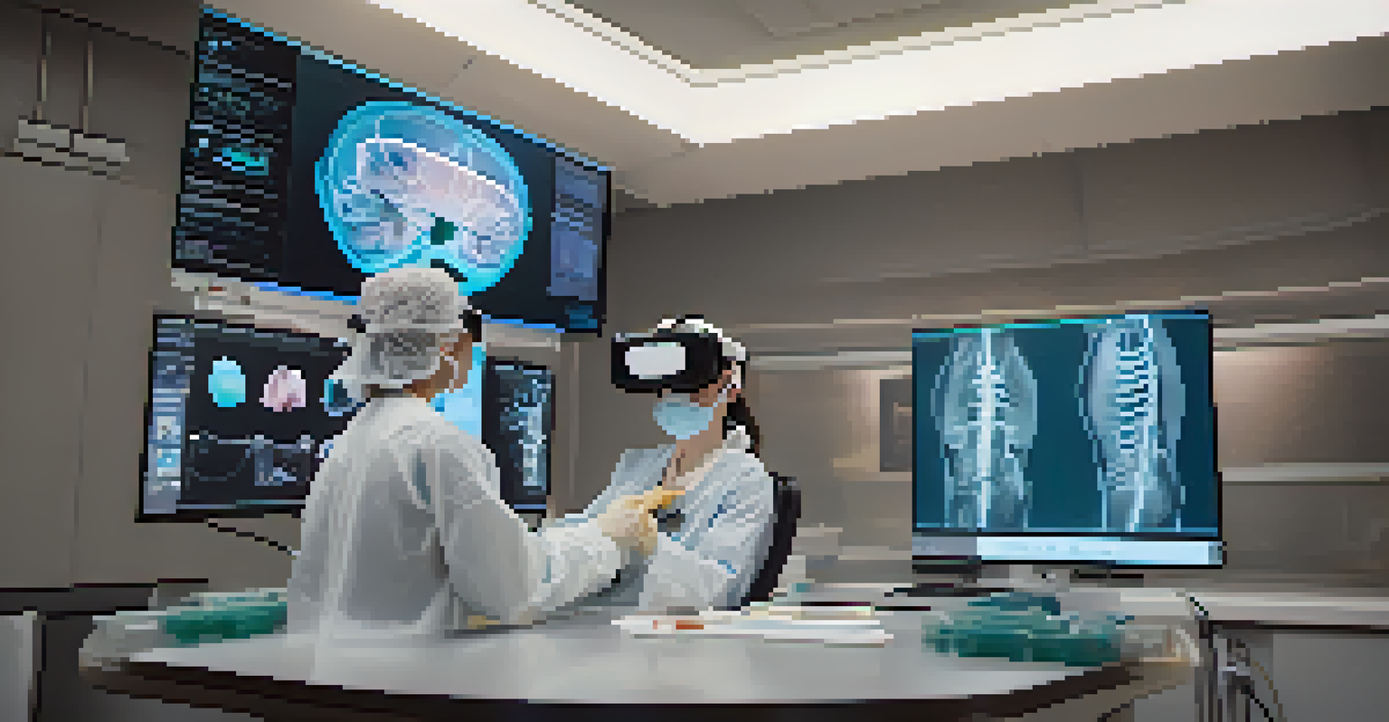 A student engaged in a virtual surgery simulation, using VR technology in a medical training room.