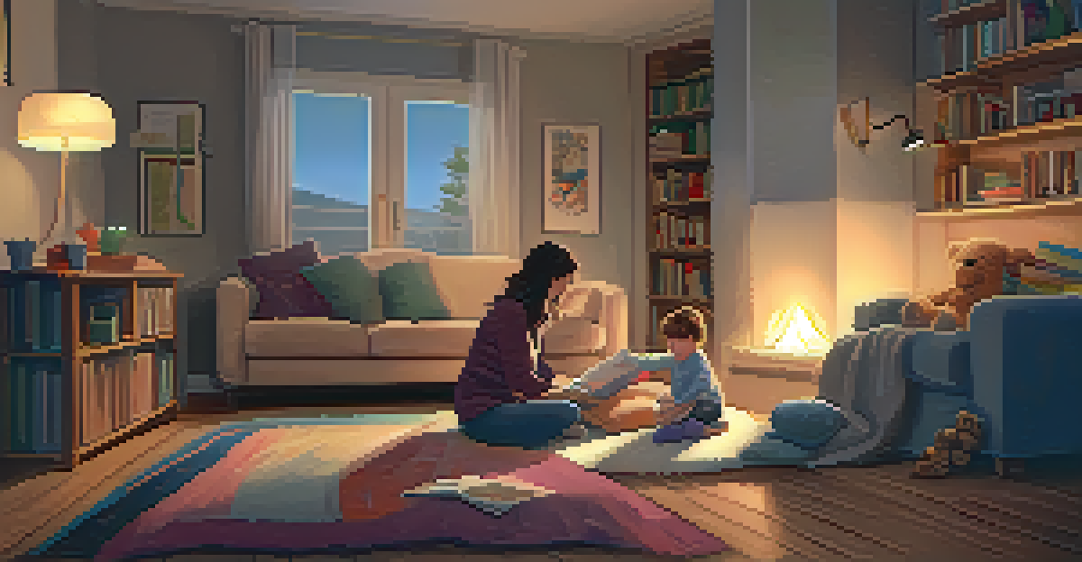 A parent and child building a blanket fort in a cozy living room, surrounded by family photos and toys.