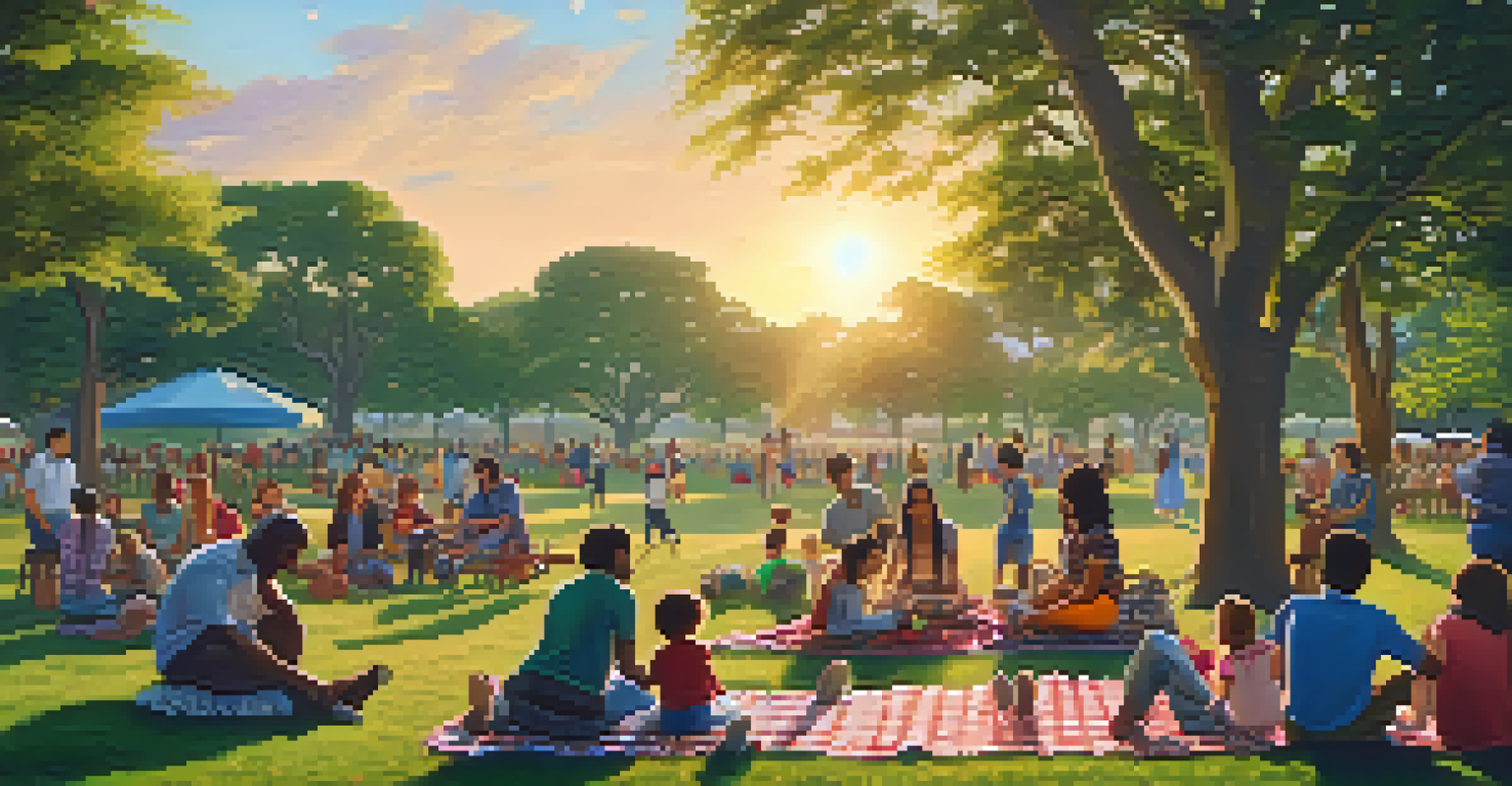 A diverse group of families enjoying a picnic in a park at sunset, sharing stories with children playing in the background.