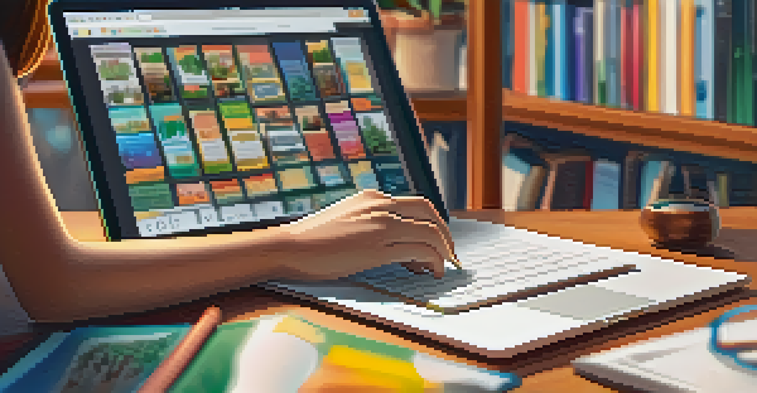 Hands on a laptop using digital learning tools in a cozy study space filled with books and plants, creating a focused educational environment.