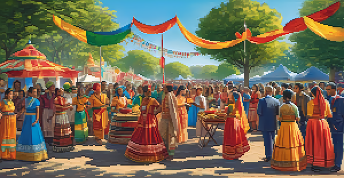 A lively cultural festival featuring people in traditional clothing, sharing food and music under a sunny sky.