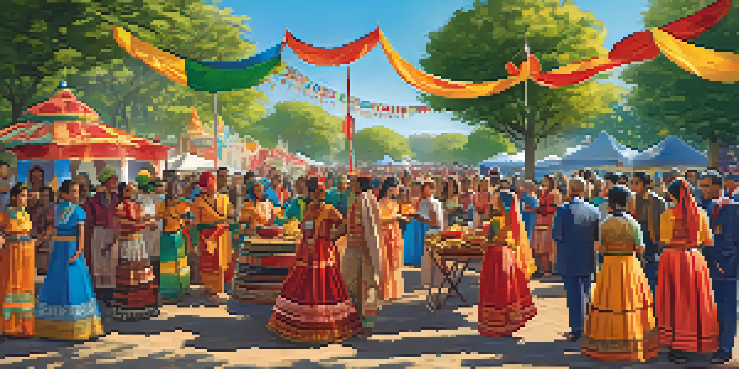 A lively cultural festival featuring people in traditional clothing, sharing food and music under a sunny sky.