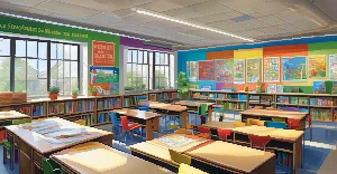 A colorful classroom with natural light, featuring student artwork, U-shaped desk arrangement, and educational posters promoting inclusivity.