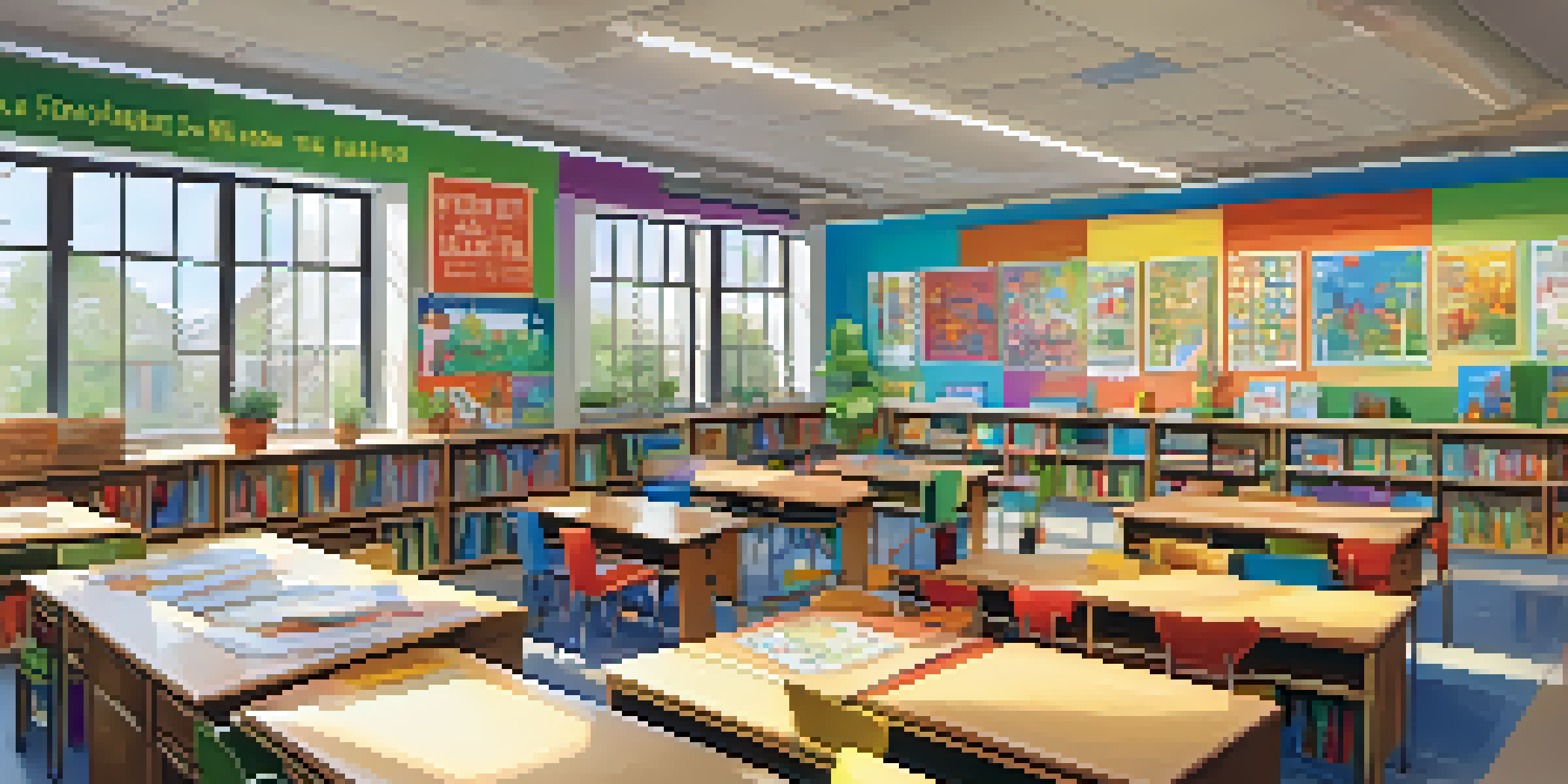 A colorful classroom with natural light, featuring student artwork, U-shaped desk arrangement, and educational posters promoting inclusivity.