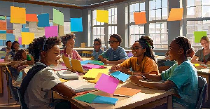 A diverse group of students collaborating around a round table with books and laptops, illuminated by natural light, in a classroom filled with cultural artwork.