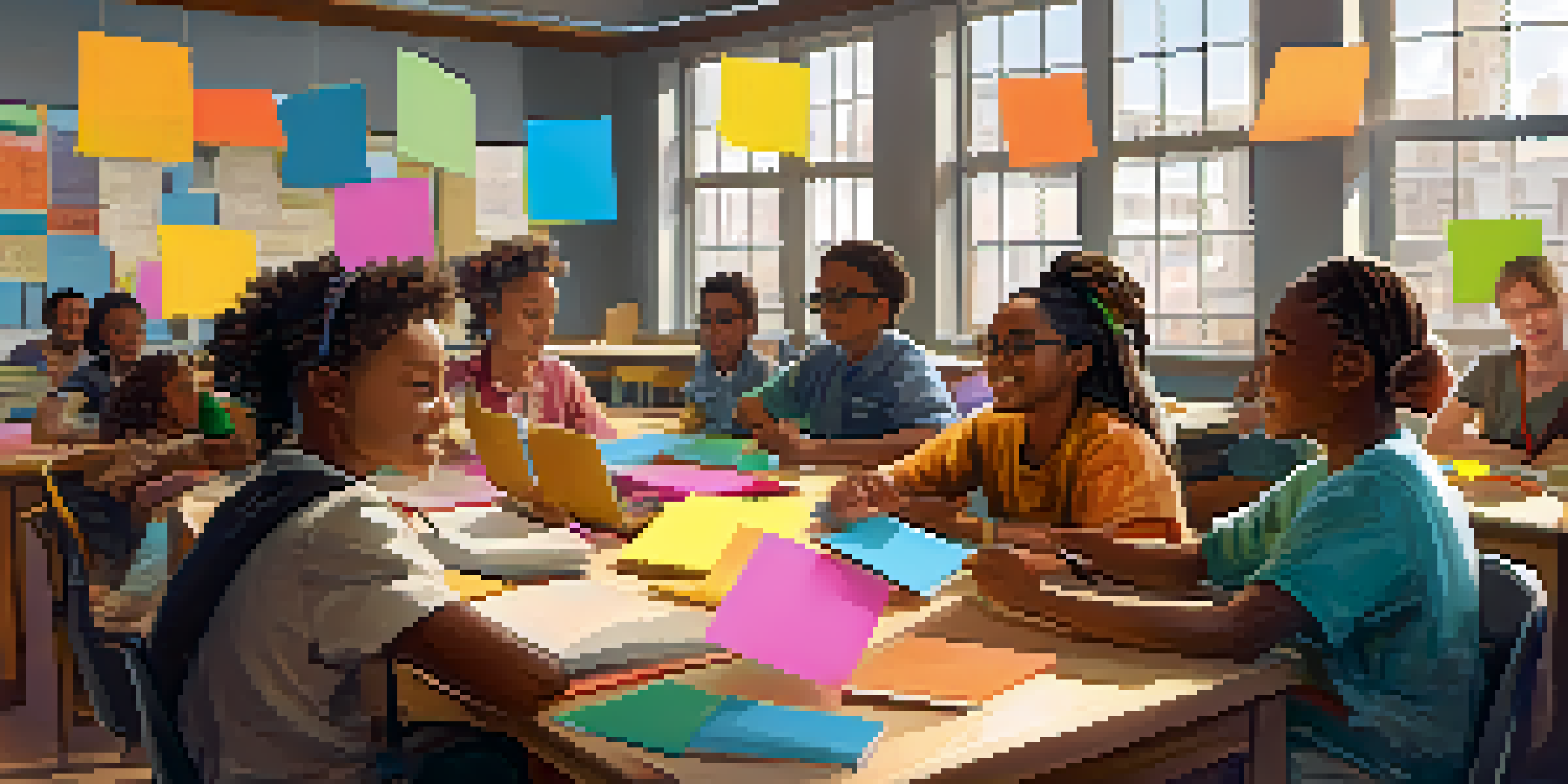 A diverse group of students collaborating around a round table with books and laptops, illuminated by natural light, in a classroom filled with cultural artwork.
