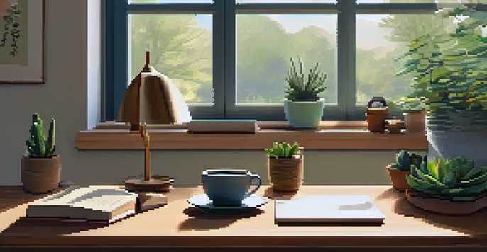 A cozy study area with a laptop, a succulent plant, and a cup of herbal tea, illuminated by warm natural light from the window.