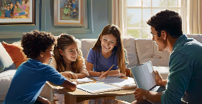 A family in a cozy living room discussing a child's school project with a laptop, creating a supportive learning environment.