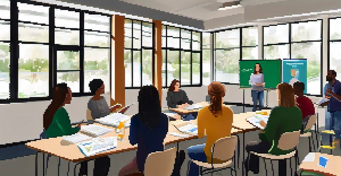 A group of diverse educators participating in a Mental Health First Aid training session in a bright classroom, with discussions and role-playing activities.