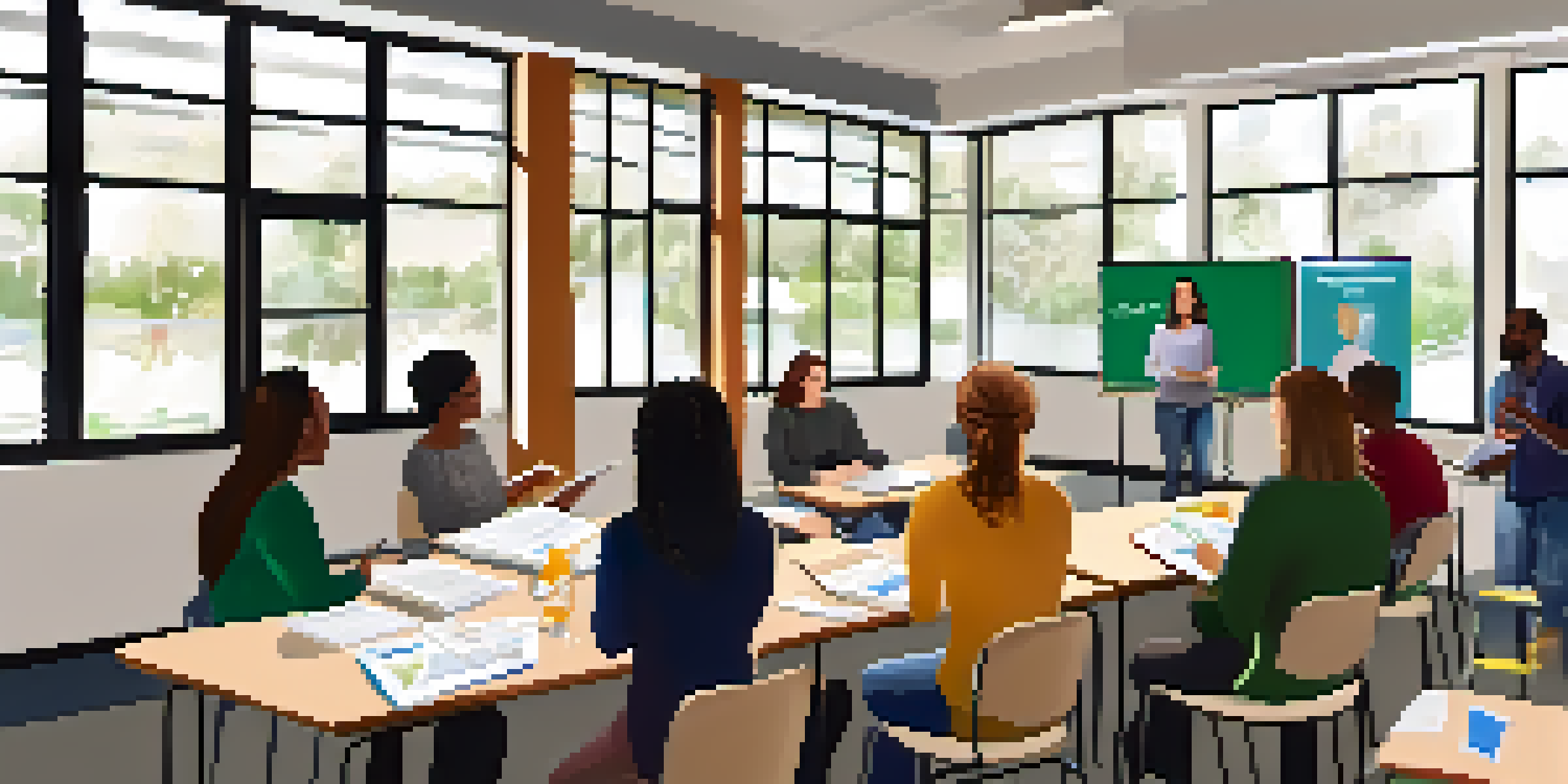 A group of diverse educators participating in a Mental Health First Aid training session in a bright classroom, with discussions and role-playing activities.