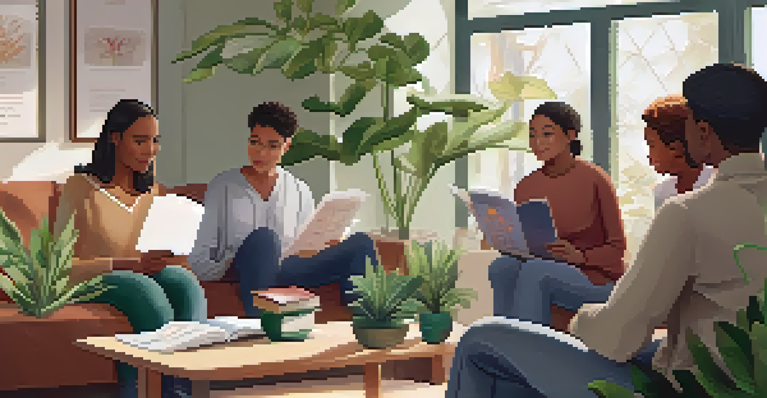 A mental health professional discussing support resources with attentive parents in a warm, inviting room.