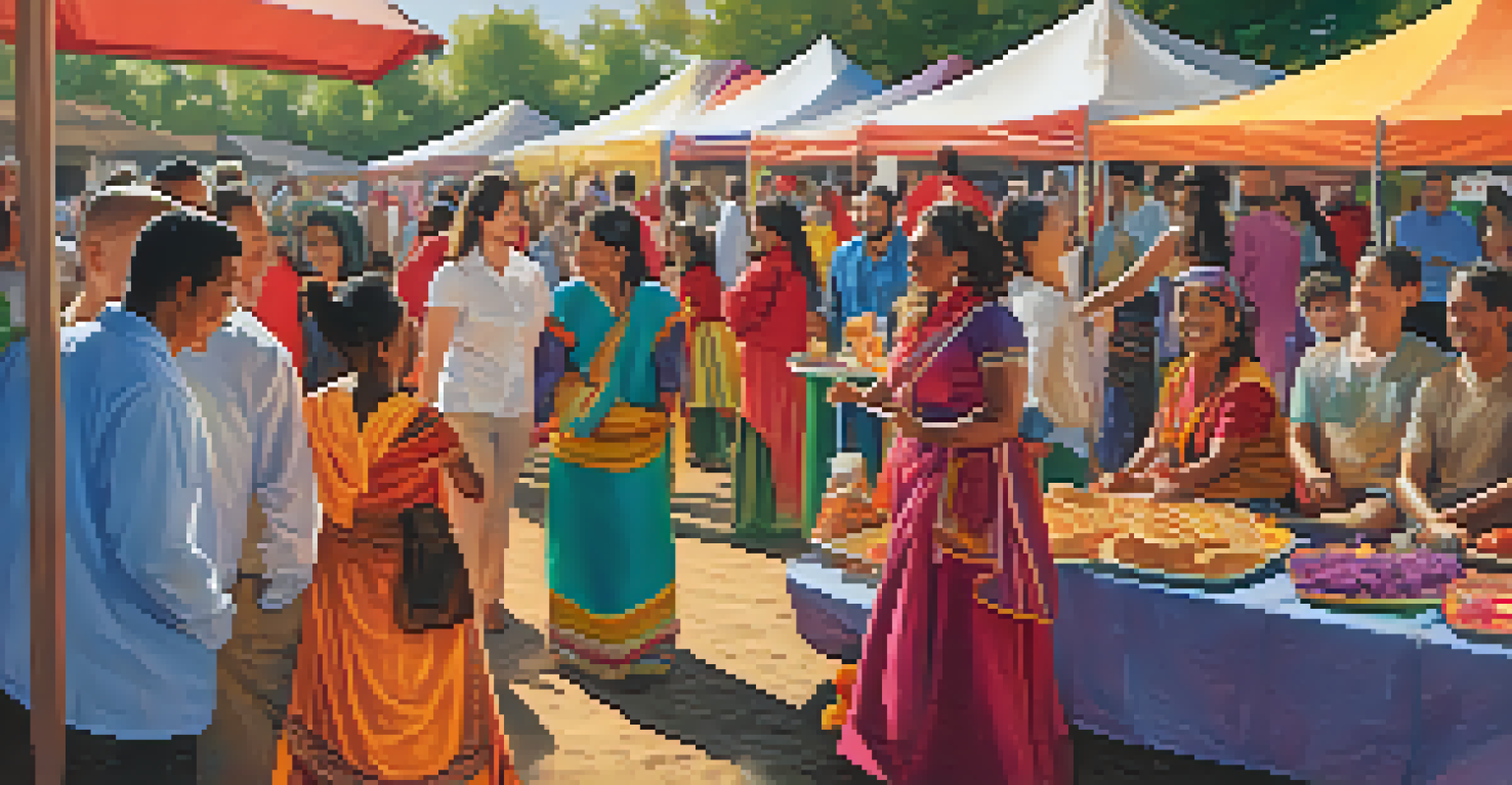 A vibrant community event celebrating cultural diversity, with families and educators interacting under colorful tents filled with food, music, and traditional attire.