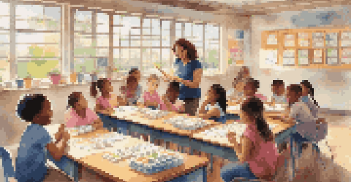 A classroom with a teacher using flashcards, surrounded by engaged and smiling students.