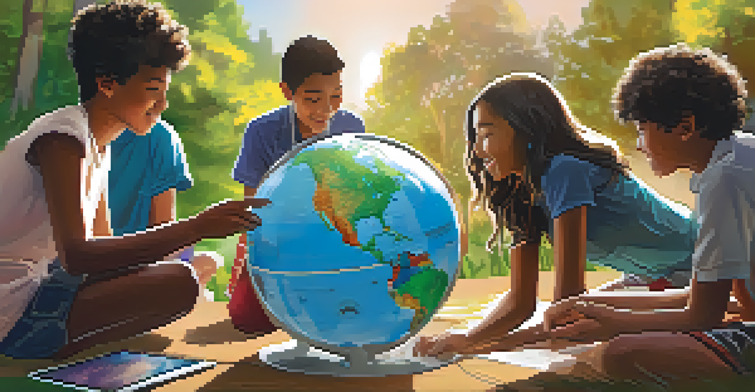 Students outdoors using tablets to explore geographical information through augmented reality on a globe.