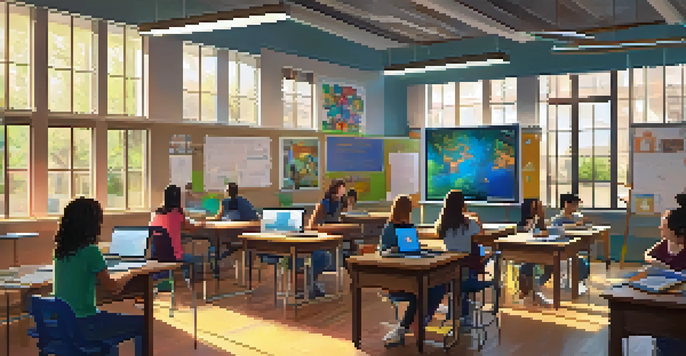 A classroom with students working together on digital storytelling projects, using laptops and tablets, under warm sunlight.