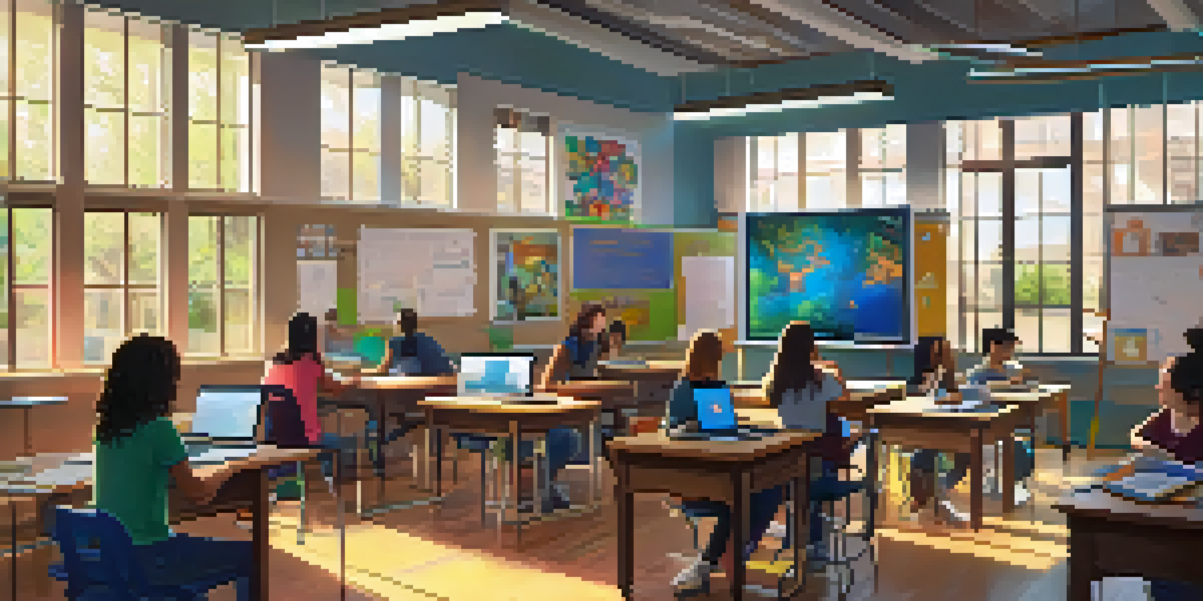A classroom with students working together on digital storytelling projects, using laptops and tablets, under warm sunlight.