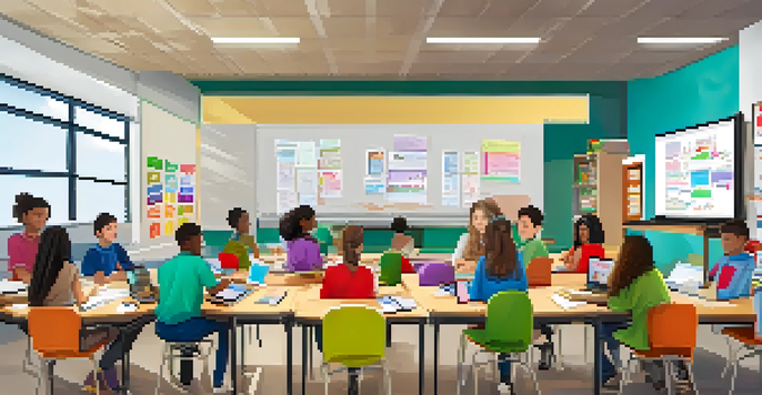 A diverse group of students working together in a bright classroom, using laptops and digital tablets for a collaborative project.