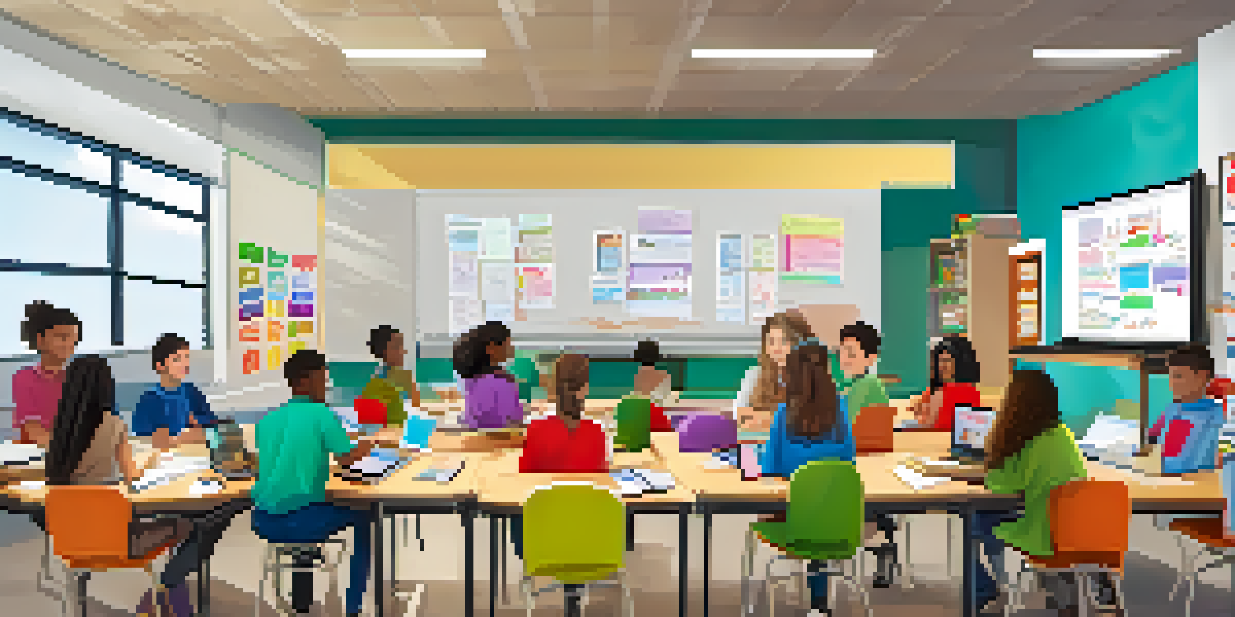 A diverse group of students working together in a bright classroom, using laptops and digital tablets for a collaborative project.