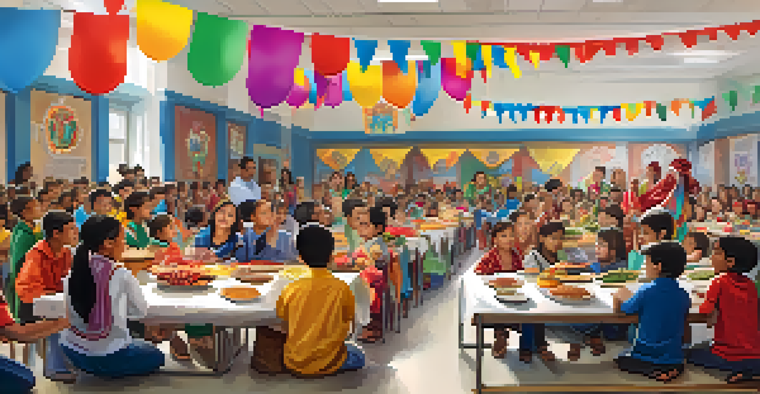 Students dressed in traditional clothing celebrating cultural diversity at a school event, surrounded by vibrant decorations and food.