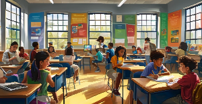 A lively classroom with diverse students actively participating in digital storytelling, using laptops and collaborating at tables, with sunlight illuminating the space.