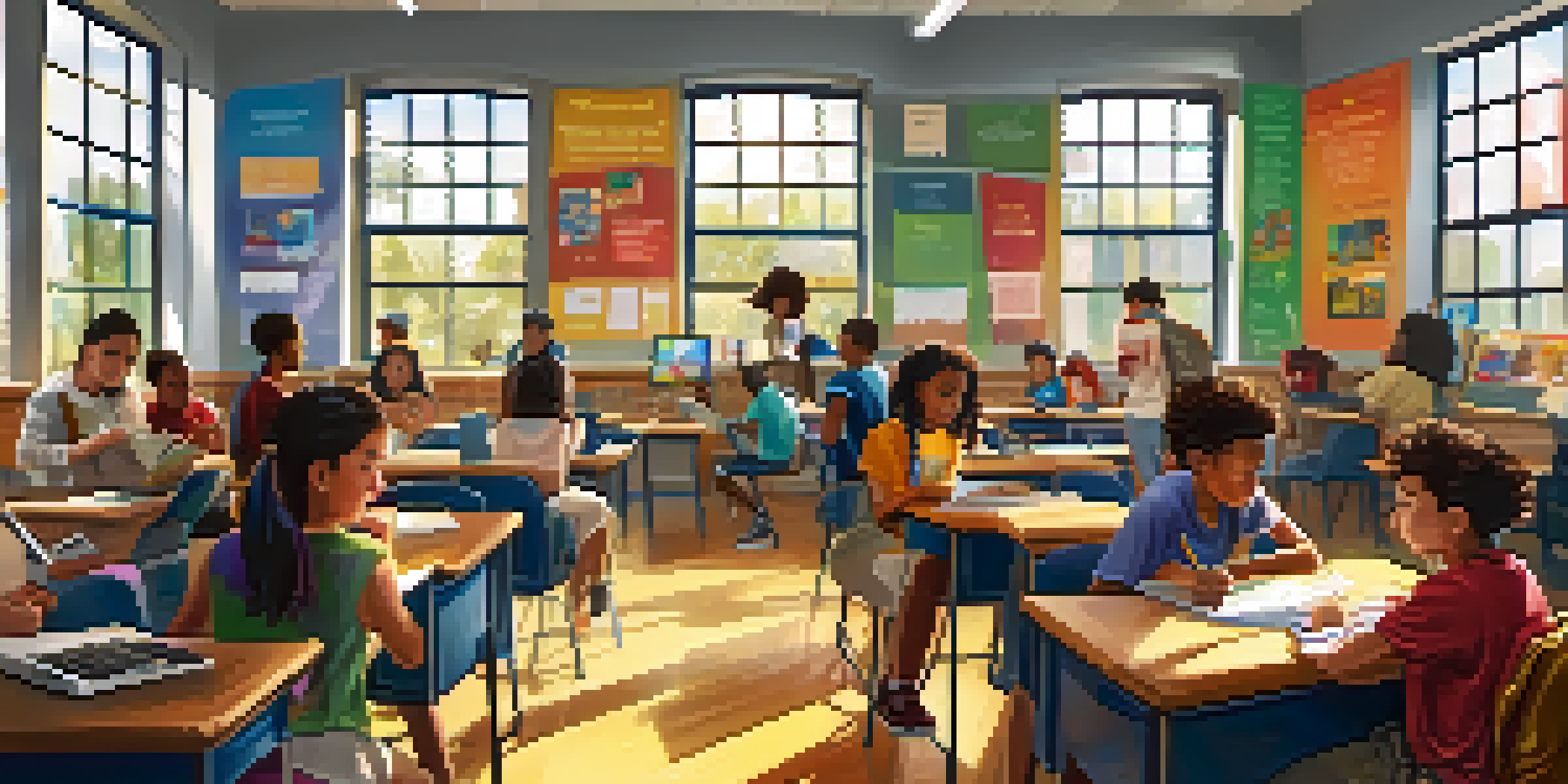 A lively classroom with diverse students actively participating in digital storytelling, using laptops and collaborating at tables, with sunlight illuminating the space.