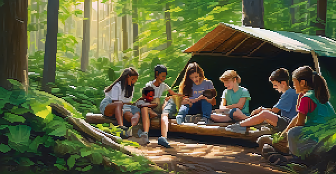 Diverse students working together outdoors to build a shelter in a lush green forest, showcasing teamwork and creativity.