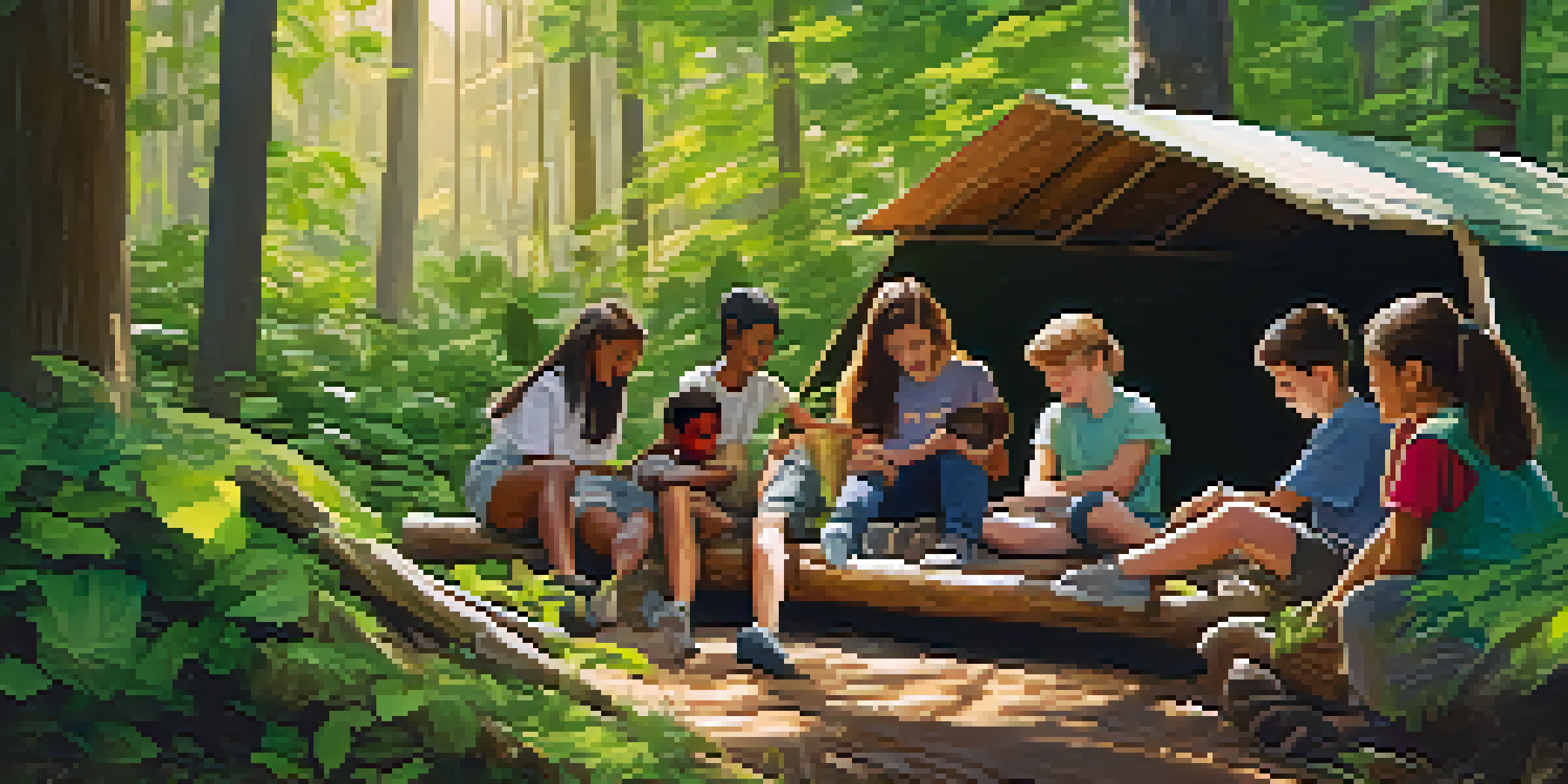 Diverse students working together outdoors to build a shelter in a lush green forest, showcasing teamwork and creativity.