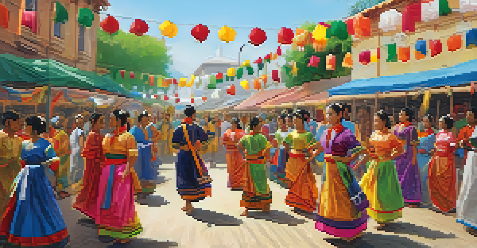A lively cultural festival with diverse booths, traditional dances, and vibrant decorations.