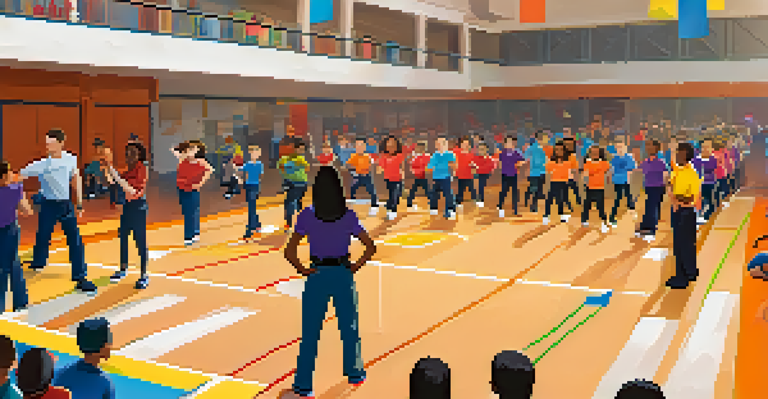 A youth self-defense workshop in a school gym with students practicing moves and a police officer instructing.