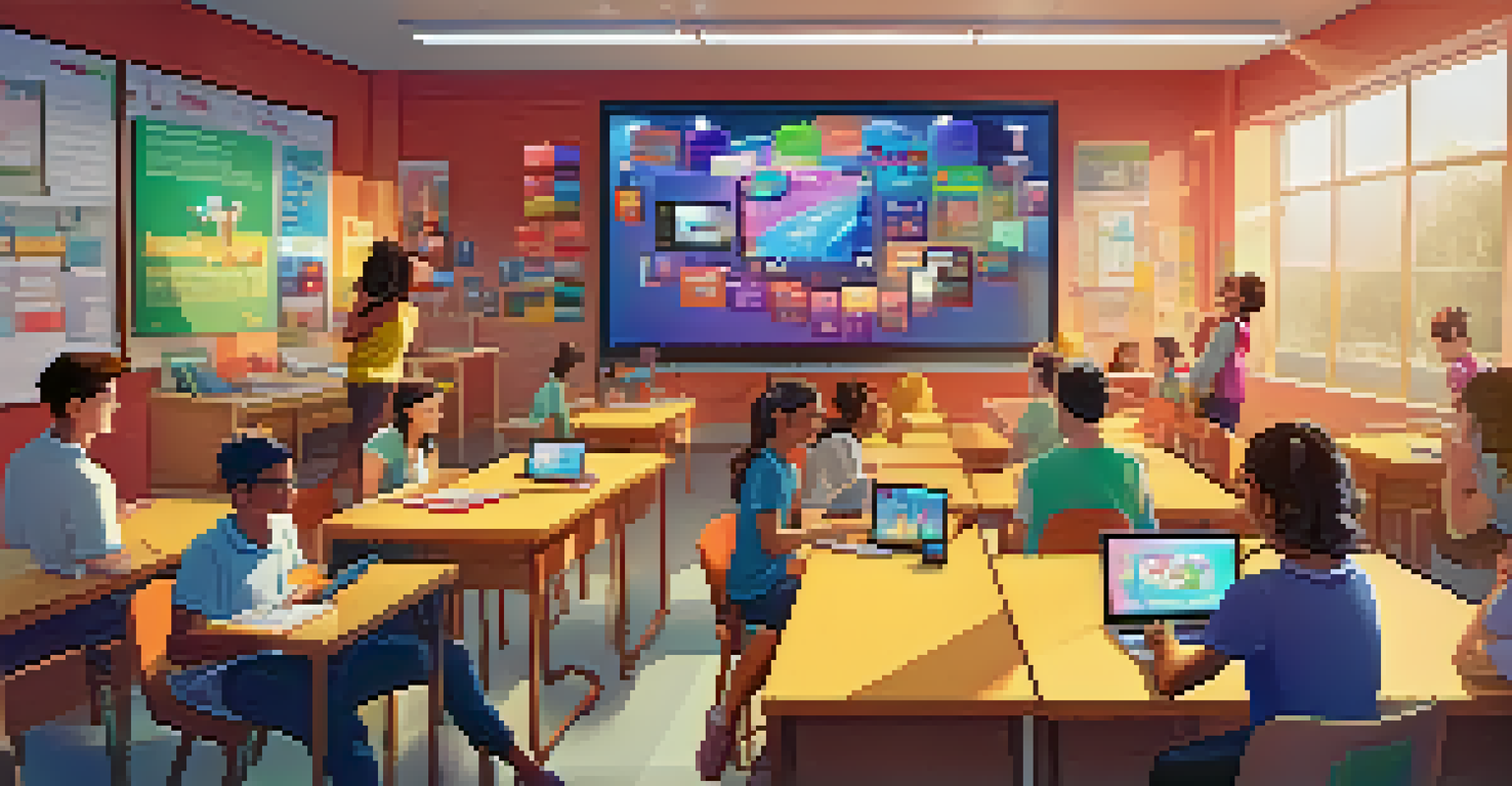 Students engaged in a gamified digital assessment, showing excitement and interaction with colorful game elements on their devices.