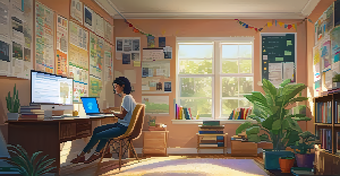 A student studying at a desk in a cozy home environment, surrounded by books and notes, with warm lighting and a plant in the corner.