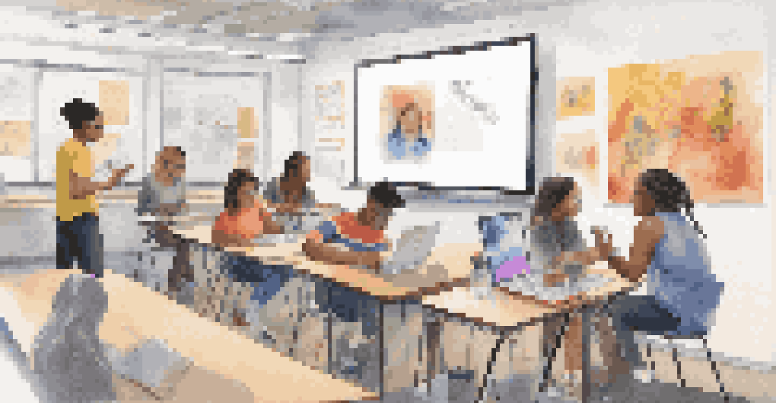 A diverse group of students participating in a virtual study session with mobile devices in a vibrant classroom.