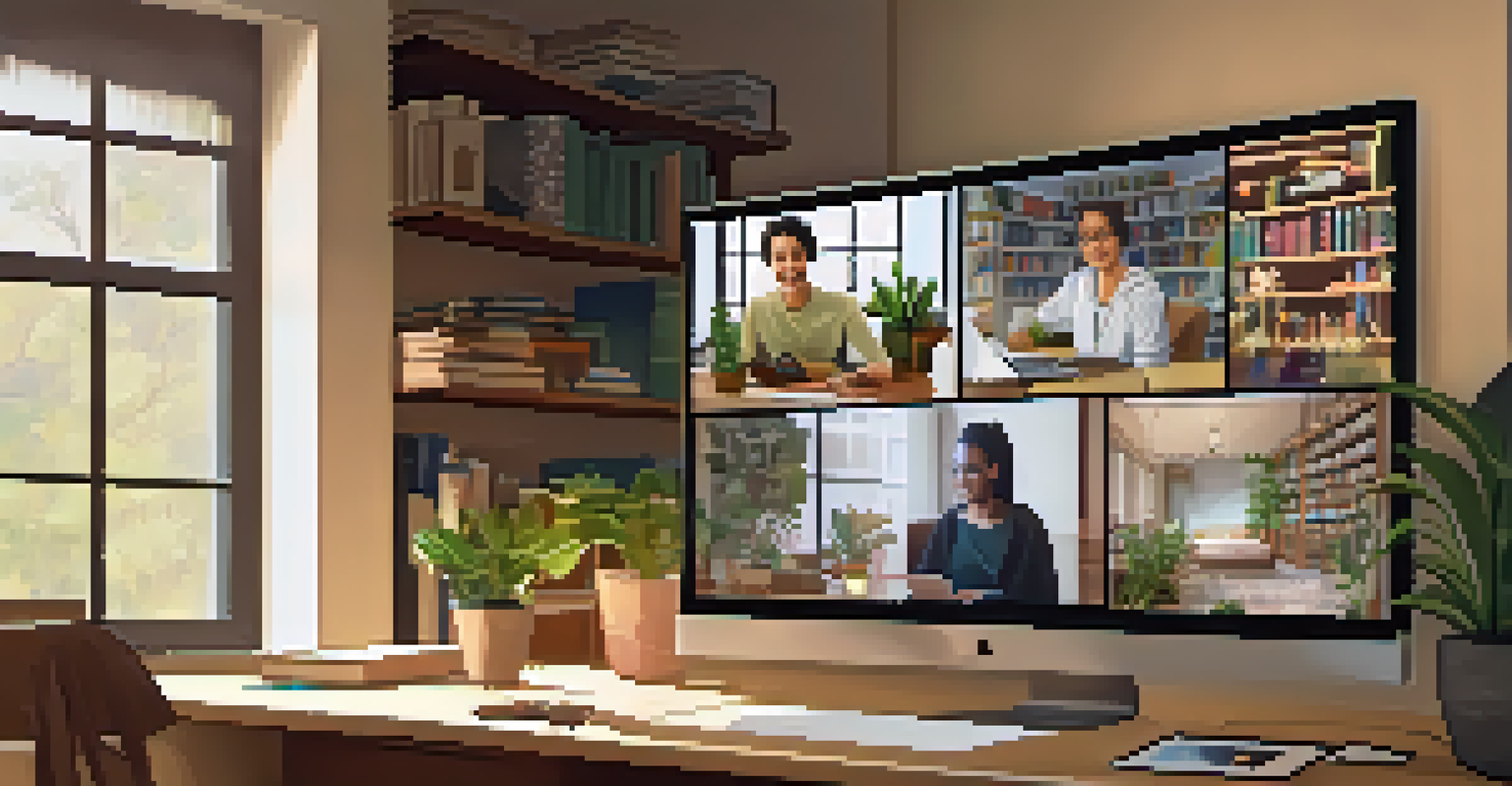 A computer screen showing a virtual classroom with students participating in a video call, surrounded by a cozy study space.