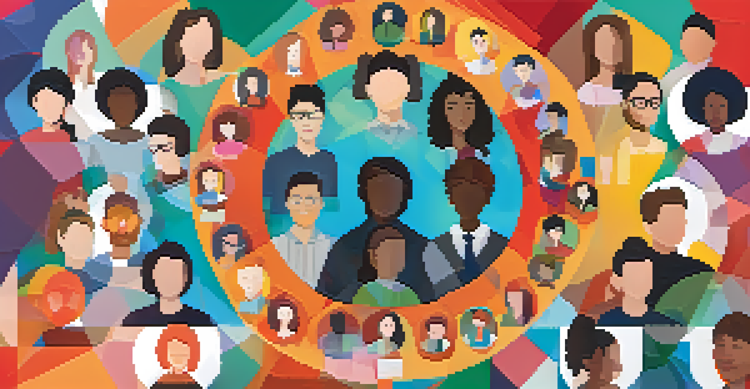 A digital collage representing an online learning community with students' faces in interconnected circles, illustrating reflections and collaboration.