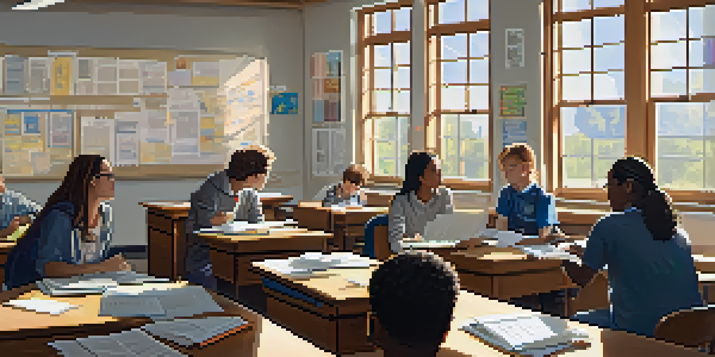 Students in a classroom participating in a peer review session, sharing papers and providing feedback.
