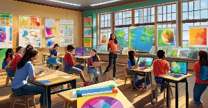 A lively classroom with students using tablets and engaging in collaborative learning activities, surrounded by colorful educational materials.