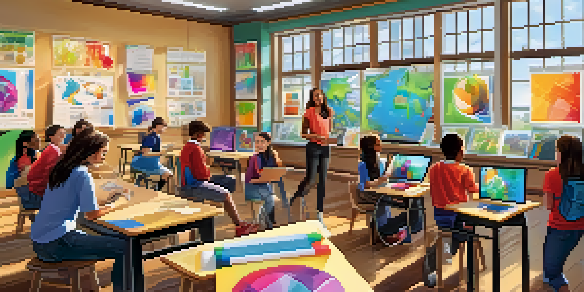 A lively classroom with students using tablets and engaging in collaborative learning activities, surrounded by colorful educational materials.