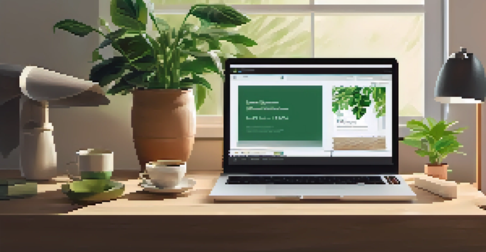 A modern digital workspace with a laptop, plants, and coffee cup in warm natural light.
